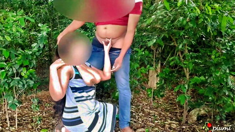 Busty Sri Lankan BBW kneels doggy style outdoors as man fingers her pussy from behind