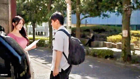Mina Kitano in outdoor talk with student in JAV scene