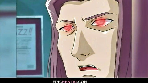 Intense purple-haired hentai lesbian with red eyes, gorgeous anime babe