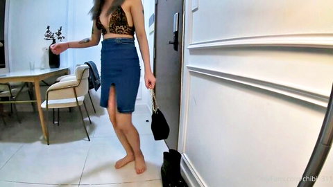 Asian model Chi Bi in sexy leopard bra and short denim skirt