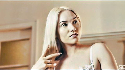 Barbie Brill in sexy white lace lingerie, blonde model posing seductively