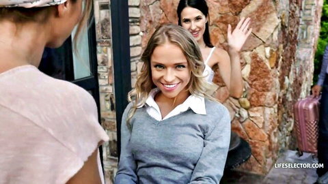 Blonde and brunette sisters smiling and waving in casual outfits, POV welcome scene