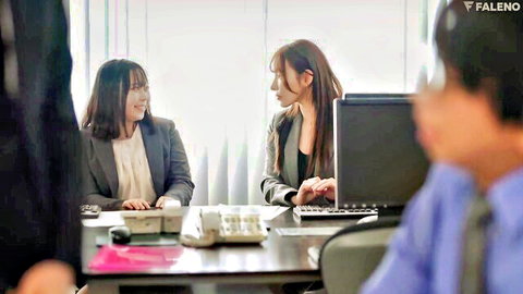 Two Asian office ladies in suits chatting with young boy in JAV scene