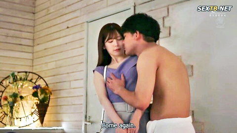 Asian couple in intimate embrace, woman in purple dress kissed by shirtless man in JAV
