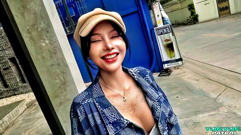 Busty Thai brunette smiles seductively flashing deep cleavage in open blue shirt outdoors