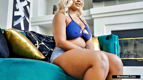 Curvy ebony Avery in blue bikini top and daisy dukes, teasing solo