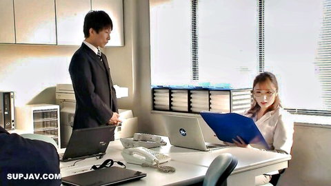 Japanese office secretary in glasses with suited man, JAV clothed scene