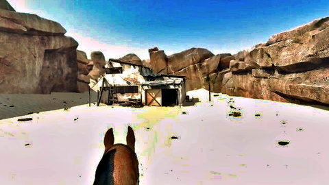 3D animated POV horse view of desert shack and rocky canyon, Affect3D