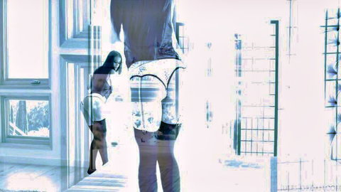 Lana Rhoades in white skirt, bent over ass tease with man behind