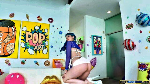 Jewelz Blu's beautiful big booty in purple lingerie squat pose