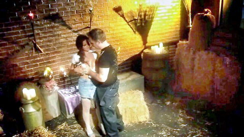 Big boobs farm girl embraces man, top down exposing huge tits