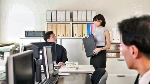 Japanese office lady in blouse and skirt talking to suited man in JAV seduction scene