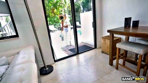 Funsized Megan in sexy white outfit, petite babe by pool door