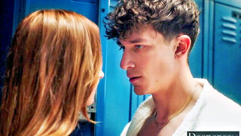 Melanie Marie's intense locker room gaze with curly-haired stud in robe