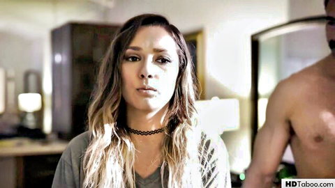 Jaye Summers looking surprised as older shirtless man approaches in taboo scene