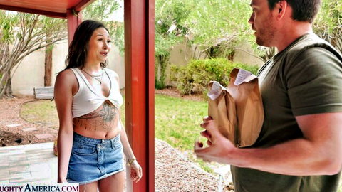 Slay Kay in crop top and mini skirt greets delivery guy at door