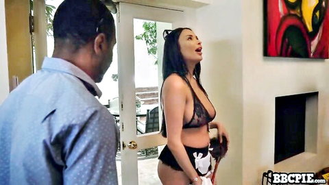 Anissa Kate in black cat lingerie with ebony stud, BBC creampie tease