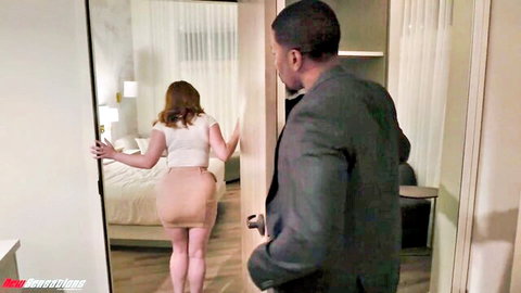 Curvy redhead with big ass in tiny skirt holds hotel door open for suited black man eyeing her from behind