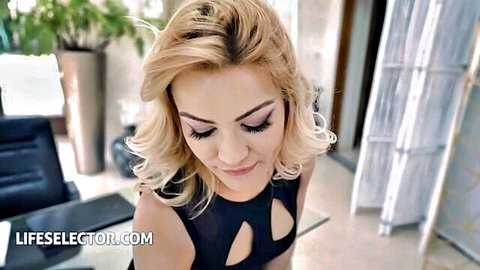Cherry Kiss blonde in sexy black cutout dress, POV tease for anal
