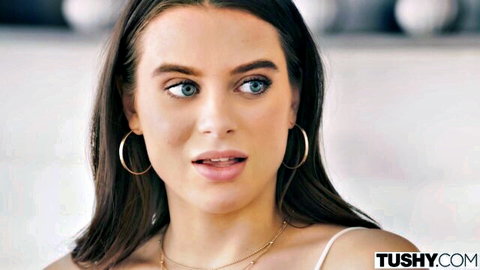 Lana Rhoades surprised expression in white camisole threesome