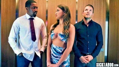 Gizelle Blanco in revealing swimsuit with two suited men in threesome tease