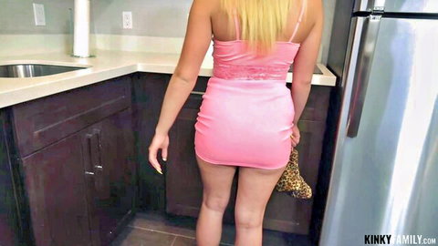 Blonde Anna Mae in pink mini dress teasing from behind, KinkyFamily doggystyle XXX
