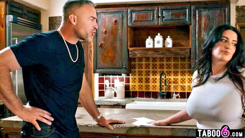 Busty Arab teacher in see-through white top in kitchen seduction