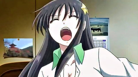 Hentai brunette schoolgirl with big tits exposed moans in ecstasy in classroom