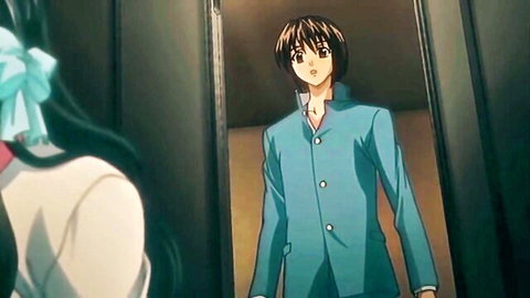 Anime brunette boy stares at girl from behind in elevator mirror