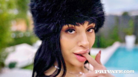 Isabella Angelina seductive tease in fur hat by pool