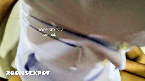 POV closeup of busty Asian nurse in white uniform showing natural big tits in hospital roomsex