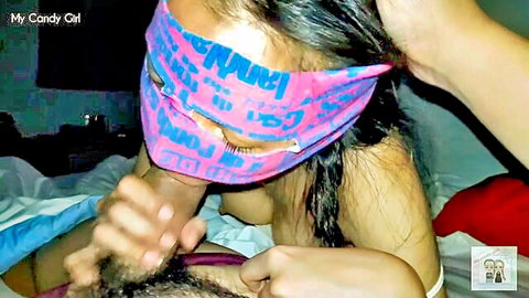 Blindfolded Thai teen slut sucking cock before creampie