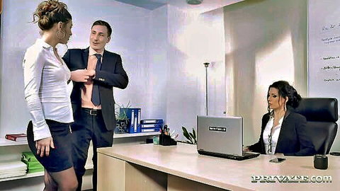 Julia Roca in steamy office encounter with suited man and colleague