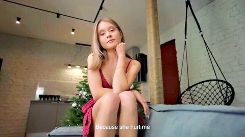 Skye Blue in short red dress, blonde busty beauty posing seductively in POV adult video
