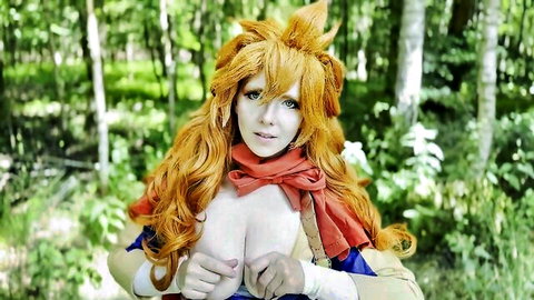 Mereoleona Vermillion Black Clover cosplay with big cleavage in forest tease