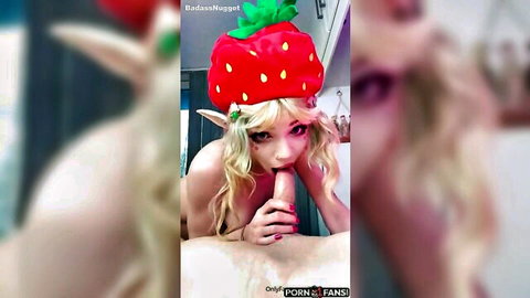 British elf cosplay beauty in strawberry hat gives first big BJ
