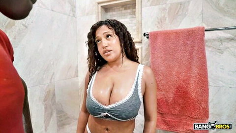 Megan's big tits exposed in wet bra during shower tease with stepdad