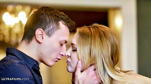 Belle Claire in passionate close-up kiss with lover, blonde beauty