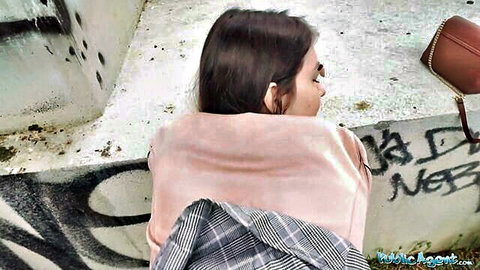 Cute European 19yo college student in pink sweater and plaid skirt outdoors, Public Agent