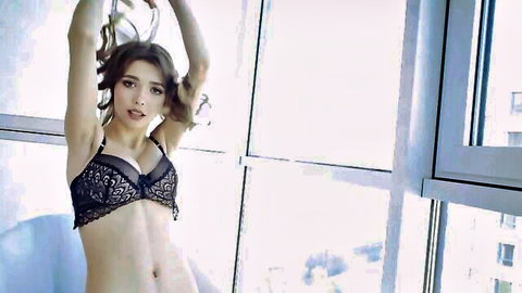 Mila Azul in black lace lingerie, teasing pose solo