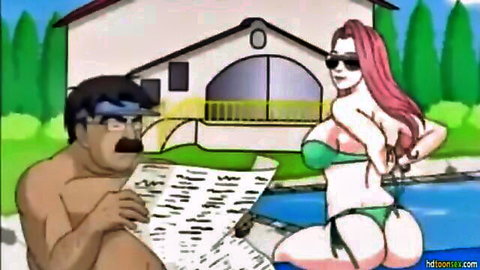 Cartoon MILF with huge tits over 40 in green bikini posing by pool with young man