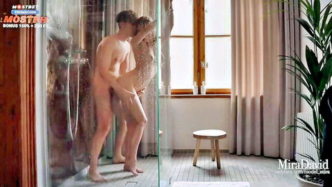 Nude teen couple in steamy shower sex during homemade foursome partner swap