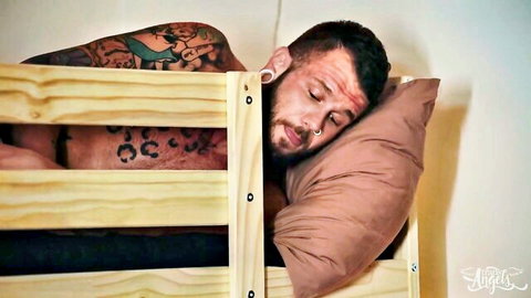 Johnny Hill shirtless asleep in bed, teasing threesome with Daisy Taylor