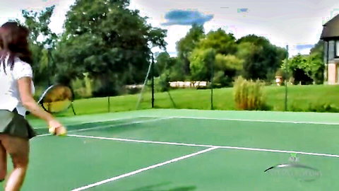 Lovely Vanessa teases in short tennis skirt, upskirt ass view on court