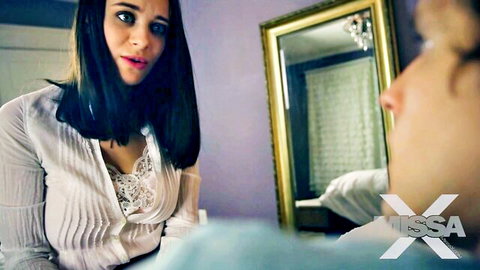 Lana Rhoades in lace bra and blouse, surprised during interview