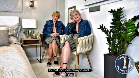 Two mature blondes in denim jackets chat about blowjobs in kinky granny interview
