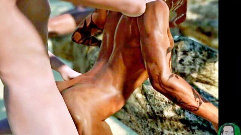 Tattooed muscular tanned man and pale woman in outdoor nude encounter