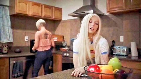 Two blondes in seductive kitchen pose, Family Secrets 3 lesbian scene