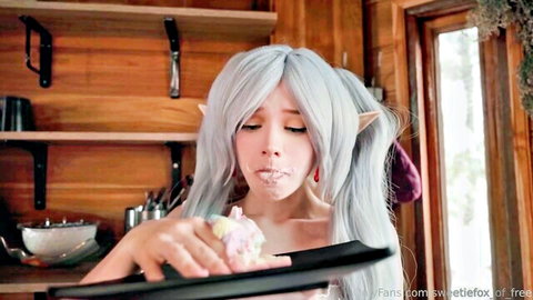Topless busty elf cosplay babe with huge tits licks thick cream mess off plate in kitchen