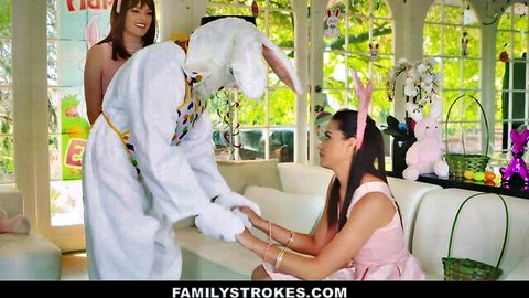 Petite Avi Love in steamy Easter Bunny encounter, pink dress tease